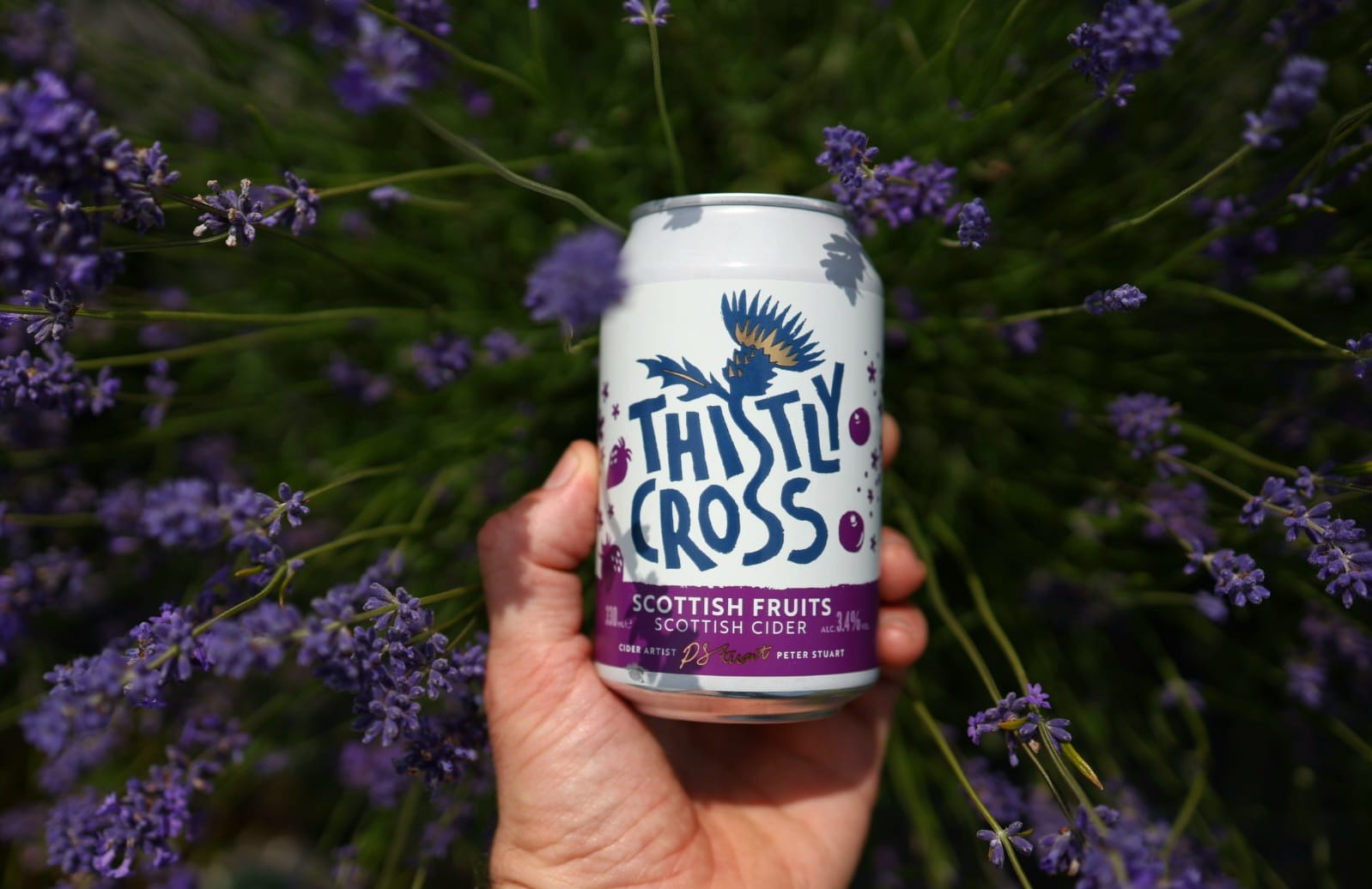 A can of Thistly Cross Scottish Fruits cider with lavender in the background