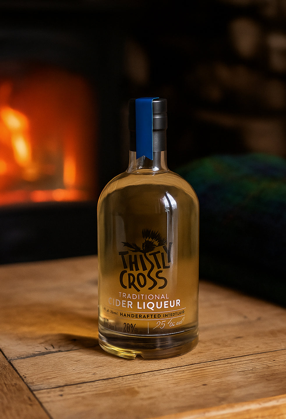 thistly cross cider liqueur bottle on a wooden table in front of a fire