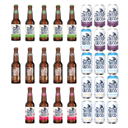 Contents of the Thistly Cross Bumper Gift Box including bottles of Elderflower, Whisky Cask and Strawberry cider and cans of Fruit, Traditional and Original cider.