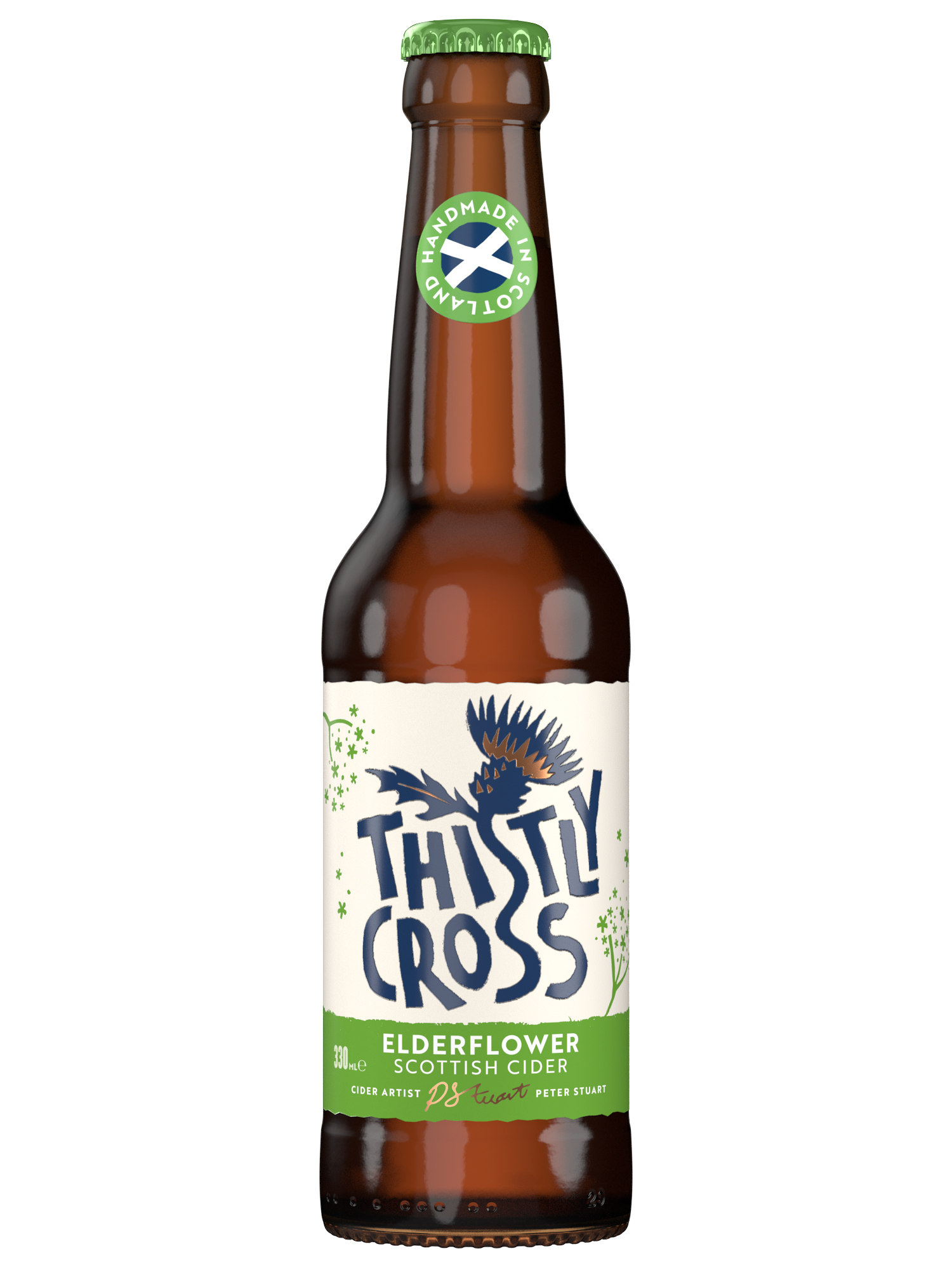 Brown bottle of Thistly Cross Elderflower Scottish Cider 