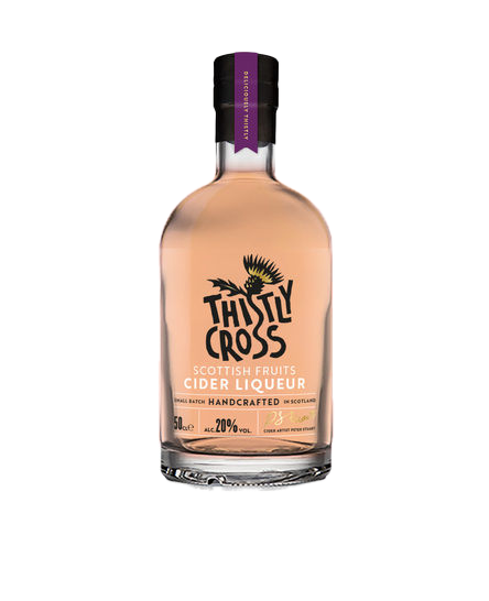 Bottle of Thistly Cross Scottish Fruits Cider Liqueur on a white background