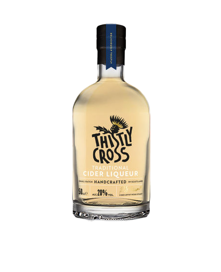 Bottle of Thistly Cross cider liqueur on a white background